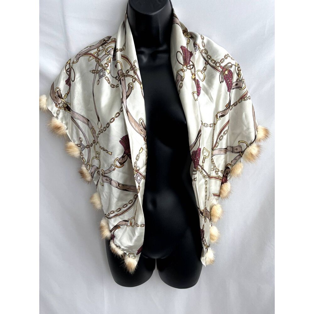 Satin Silky Fur Trim Scarf One Size Chains Equestrian Luxury Classy Classic Wrap